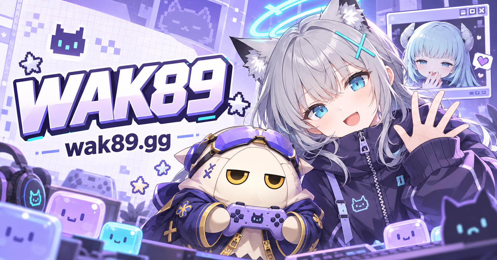 WAK89 arcade mascots, a silver-haired anime character, and pastel jelly in a lavender pixel world.